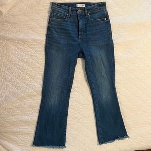 LOFT size 2/26 curvy high waisted flare crop jeans with back hem detail